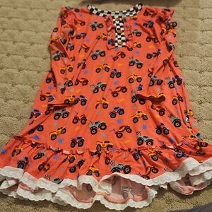 Pink  Tractor Print Dress with Lace Trim